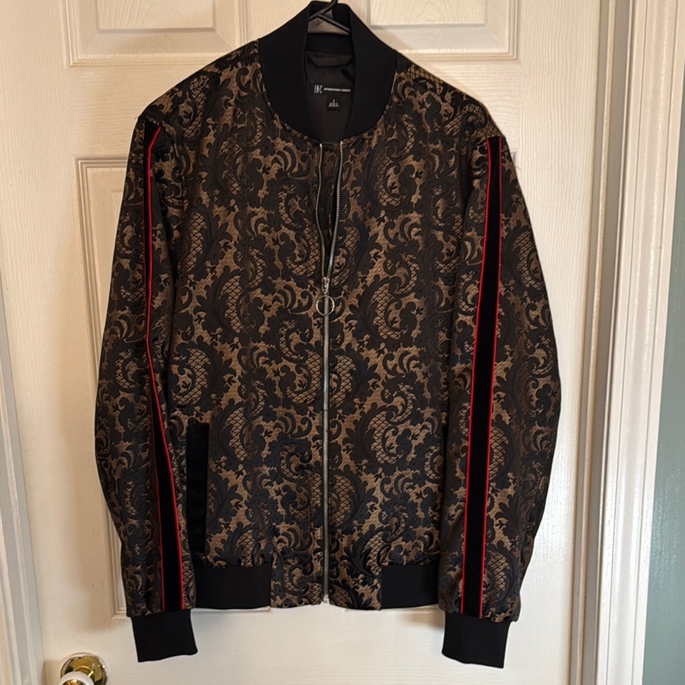 Black and Gold Bomber Jacket with Luxurious Brocade Pattern